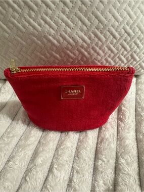 CHANEL Red Velvet Makeup Pouch with Gold-Tone Accents